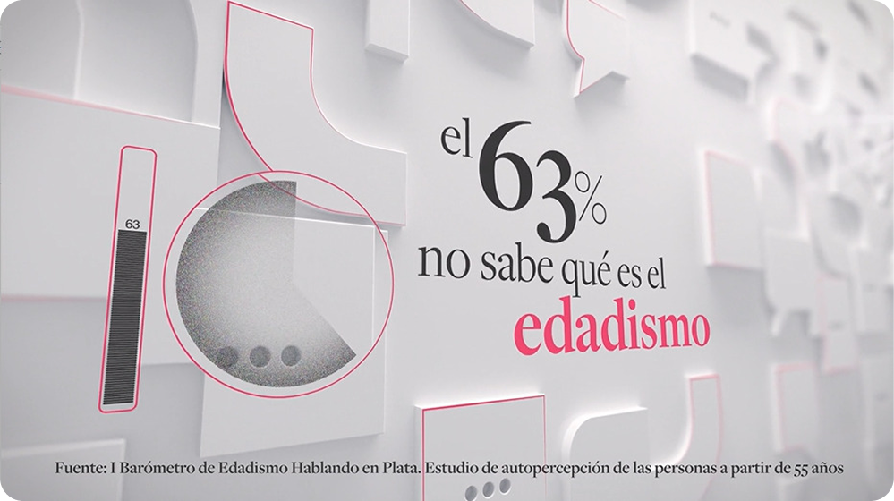 Fotograma de la retransmisión del primer Barómetro de Edadismo Hablando en Plata sobre el estudio de autopercepción de las personas a partir de 55 años, con el texto "el 63% no sabe qué es el edadismo".